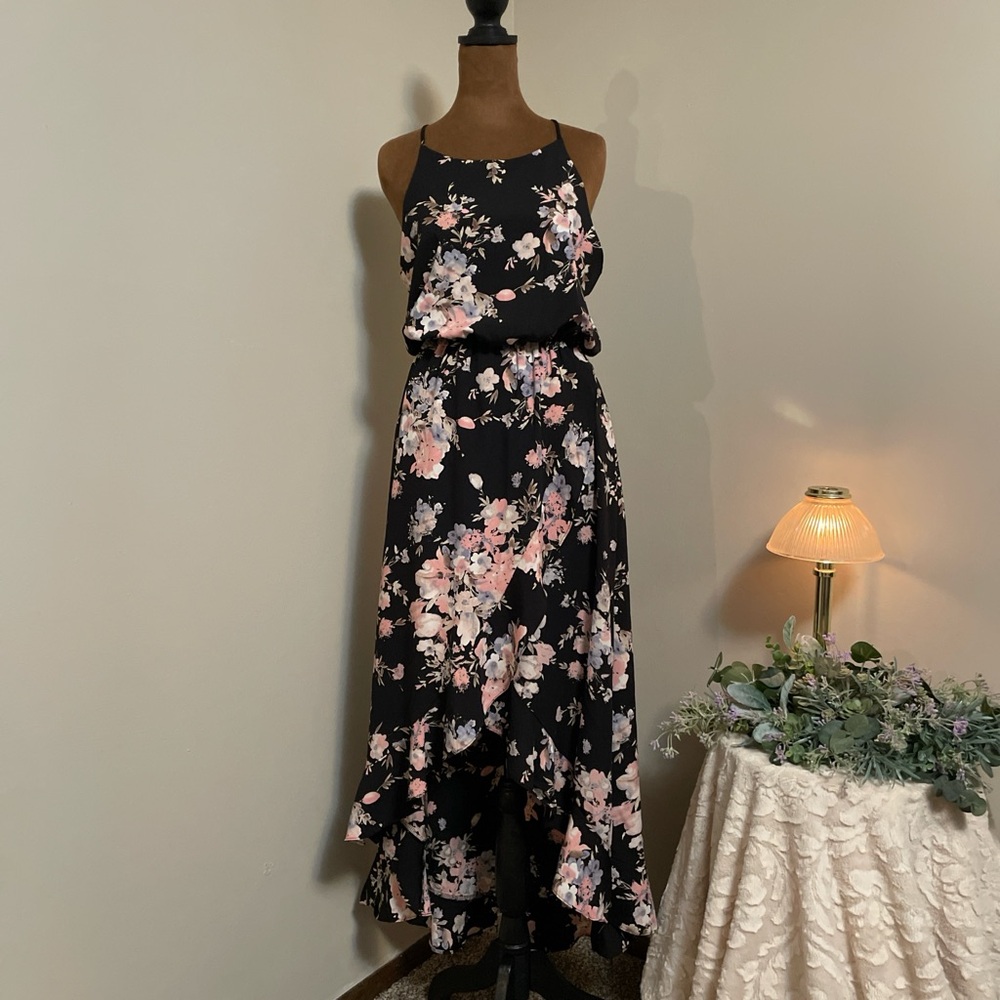 Strapless Floral Black High-Low Wrap Dress